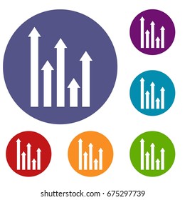 Upside growing arrows icons set in flat circle red, blue and green color for web