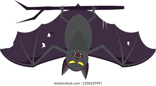 An upside-down bat on a tree branch with a scary face