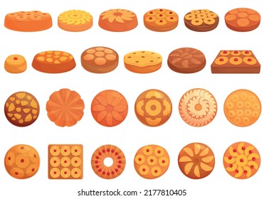 Upside-down cake icons set cartoon vector. Tart food. Baked dessert