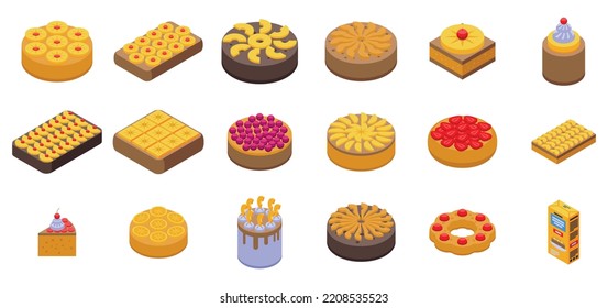 Upside-down cake icons set isometric vector. Pineapple tart. Baked food