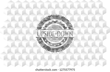 Upside-down retro style grey emblem with geometric cube white background