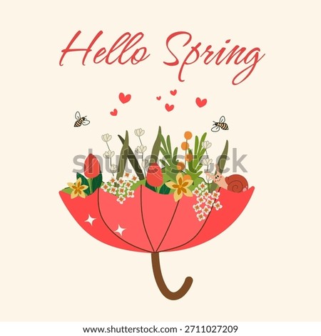 an upside-down umbrella transformed into a tiny spring garden. Filled with grass, flowers, a curious snail, buzzing bees, and floating hearts, it captures the magic of new beginnings