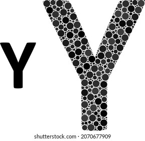 Upsilon Greek letter vector composition of small circles in variable sizes and color shades. Small circles are composed into Upsilon Greek letter vector collage. Abstract vector illustration.