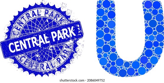 Mosaico vectorial de simbología griega en minúscula del Upsilon de puntos redondos de varios tamaños y tintes de color azul, y placa texturizada de Central Park. La insignia rosa aguda de color azul redondo tiene la etiqueta Central Park dentro.