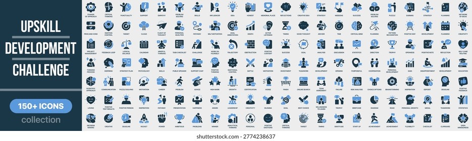 Upskill, development and challenge icon collection in colored style. Set of upskill, development, challenge, learning, growth, skills and improvement icons