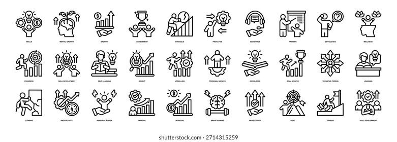 upskill icon estilo de línea de colección que contiene habilidades, upskill, crecimiento mental, crecimiento, logro, lucha, proactivo, asistencia, entrenamiento, personas, trabajo en equipo, empleado