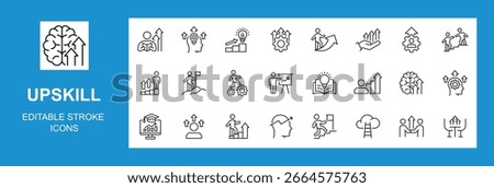 Upskill icon set. Contains icons related to upskill, upskilling, personal growth, development, education, career, reskill, progress, strategy, skill goal and more. Editable Stroke, Vector illustration
