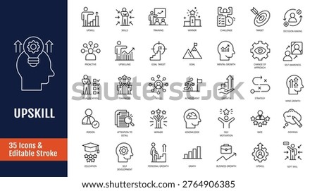 Upskill icon set. Icons related to upskill, upskilling, personal growth, development, education, career, and more. Outline icon with Editable stroke. Vector illustration