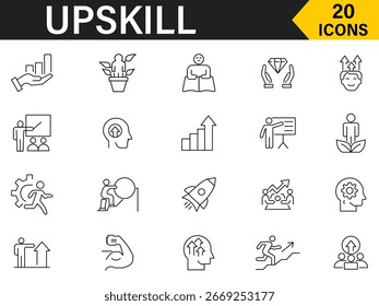 Icono de habilidad superior establecido en estilo de línea. Conjunto de 20 iconos relacionados con upskill. Incluido icono como el desarrollo, la carrera, la educación y más símbolo. Ilustración vectorial.