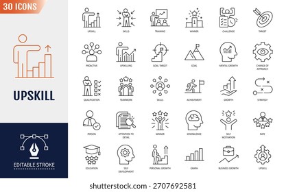 Conjunto de iconos de habilidades de ascenso. Capacitación, crecimiento personal, desarrollo, educación, carrera y más. Icono de contorno. Ilustración vectorial. Trazo editable