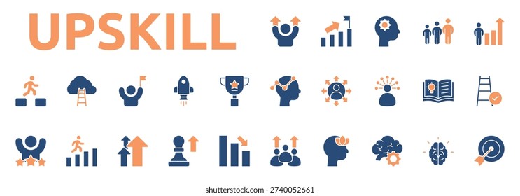 Upskill icon two color style with success, growth, creative thinking, teamwork, career growth icons