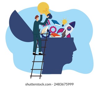 upskill or learn new things and knowledge development for new skill or man putting light bulb ideas, books and rocket booster into human head to upgrade working skill