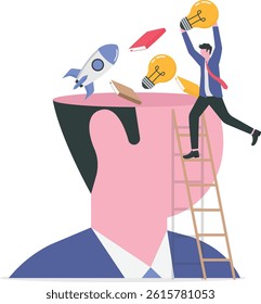 Upskill, learn new things or knowledge development for new skill and improve job qualification concept, man putting light bulb ideas, books and rocket booster into human head to upgrade working skill.