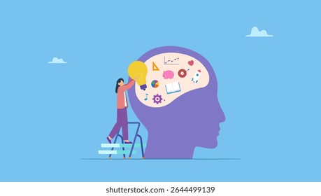 Melhorar as competências, aprender coisas novas ou desenvolver conhecimentos para novas competências e melhorar a qualificação profissional. Mulher colocando ideias de lâmpadas, livros e outras coisas na cabeça humana para melhorar a habilidade de trabalho.