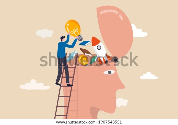 Upskill, learn new things or knowledge development\
for new skill and improve job qualification concept, man putting\
light bulb ideas, books and rocket booster into human head to\
upgrade working\
skill.