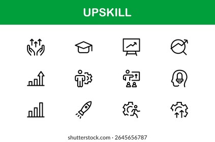 Conjunto de Ícones de Linha de Atualização - Moderno, Ícones de Estrutura de Tópicos Mínimos para Aprendizagem, Crescimento, Desenvolvimento de Habilidades, Treinamento de Carreira, Treinamento, Cursos On-line e Conhecimento