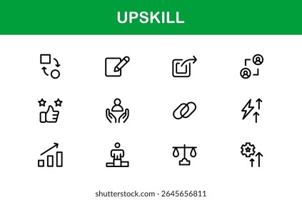 Conjunto de Ícones de Linha de Atualização - Moderno, Ícones de Estrutura de Tópicos Mínimos para Aprendizagem, Crescimento, Desenvolvimento de Habilidades, Treinamento de Carreira, Treinamento, Cursos On-line e Conhecimento
