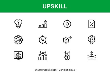 Conjunto de Ícones de Linha de Atualização - Moderno, Ícones de Estrutura de Tópicos Mínimos para Aprendizagem, Crescimento, Desenvolvimento de Habilidades, Treinamento de Carreira, Treinamento, Cursos On-line e Conhecimento