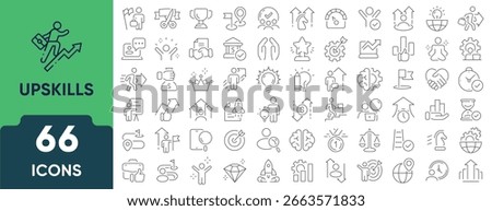 Upskill and personal growth icon set. Linear outline collection representing learning, skill improvement, career development, and self-growth concepts. Editable stroke.