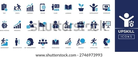 Upskill solid icon set. Featuring training, learning, course, certificate, growth, career, mentor, and online class. Ideal for UI, apps, and education. Perfect vector icon collection.