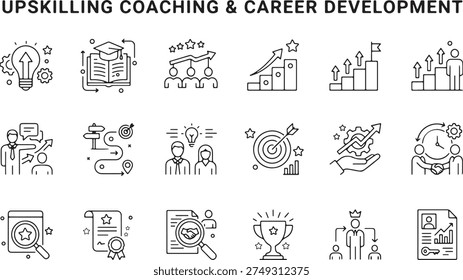 Upskilling Coaching and Career Development Line Icons Skill Growth Learning Teamwork Training Outline Vector Set