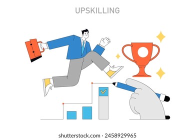 Upskilling concept. Professional leap through targeted skill development. Aspiring for excellence with education milestones. Vector illustration.
