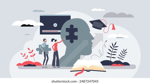 Upskilling and employee job competence improvement tiny person concept. Educational development and skill growth with learning and coaching vector illustration. Study for work qualification rise.