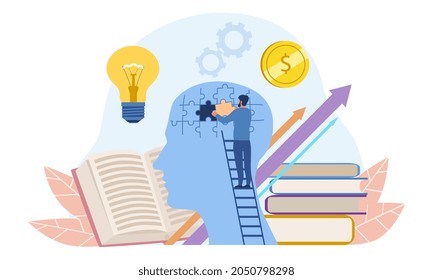 Upskilling learn concept. Workshop, master class, training concept. Man collects head from puzzles. Birth of new ideas, making money. Cartoon flat vector illustration isolated on white background