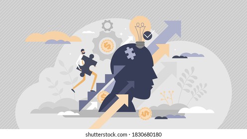 Upskilling learn as work educational qualification rise tiny person concept. Employee training and coach for positive progress and smart labor vector illustration. Performance boost with mentoring job