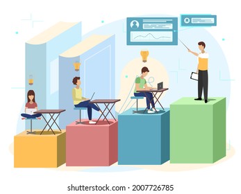 Upskilling learn as work educational qualification rise tiny person concept. Mentorship, upskills and self development strategy flat style design business concept.