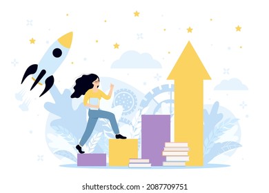 Upskilling Learn As Work Educational Qualification Rise Tiny Person Concept. Mentorship, Upskills, Climb Help And Self Development Strategy Flat Style Design Business Concept.