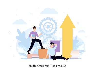 Upskilling learn as work educational qualification rise tiny person concept. Mentorship, upskills, climb help and self development strategy flat style design business concept.