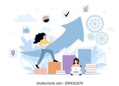 Upskilling learn as work educational qualification rise tiny person concept. Mentorship, upskills, climb help and self development strategy flat style design business concept.