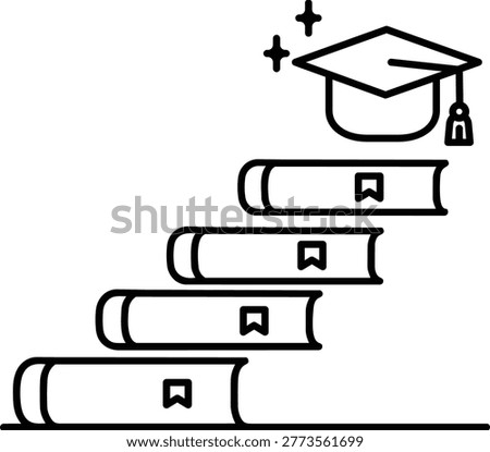Upskilling minimalist black line vector icon illustration on a white background featuring a stack of books arranged as stairs leading up to a graduation cap, symbolizing career growth and learning.