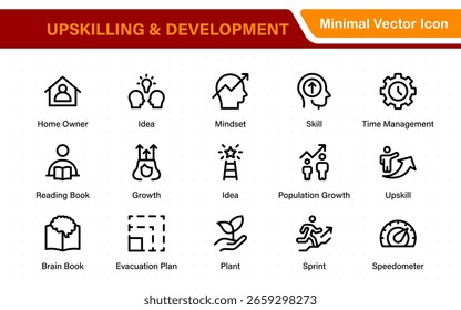 Upskilling and personal development icon pack in outline style. Includes icons for learning, training, education, career, and professional growth.