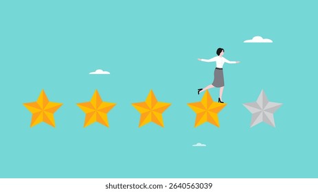 upskilling and reskilling employee to boost productivity or efficiency, motivation to self development, skill enhancement or personal competency, woman walking on 5-star rating loading panel