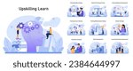 Upskilling set. Professionals engaging in training modules. Training needs analysis, online courses, and skills enhancement. Flat vector illustration.