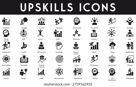Upskills Icons set vector illustration with collection of achievement wellness personal power graph insight training increase knowledge brain training qualification assistance mind growth
