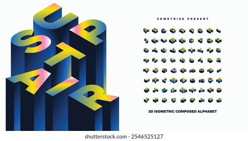 Obergeschoss: Eine farbenfrohe isometrische Displayschriftart mit einem auffälligen 3D-Regenbogeneffekt. Mit einem vollständigen A-Z-Alphabet für lebendige, moderne Designs.