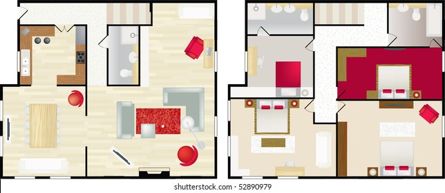 Upstairs and dwonstairs aerial view of the interior of a typical home