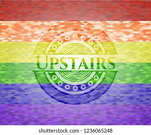 Upstairs emblem on mosaic background with the colors of the LGBT flag