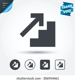 Upstairs icon. Up arrow sign. Circle and square buttons. Flat design set. Thank you ribbon. Vector
