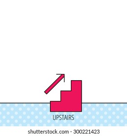 Upstairs icon. Direction arrow sign. Circles seamless pattern. Background with red icon. Vector