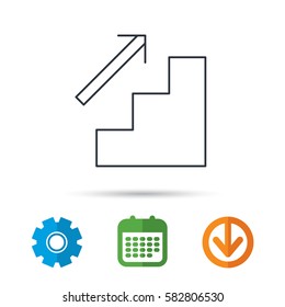 Upstairs icon. Direction arrow sign. Calendar, cogwheel and download arrow signs. Colored flat web icons. Vector