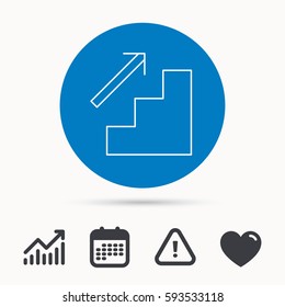 Upstairs icon. Direction arrow sign. Calendar, attention sign and growth chart. Button with web icon. Vector