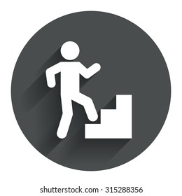 Upstairs icon. Human walking on ladder sign. Circle flat button with shadow. Modern UI website navigation. Vector