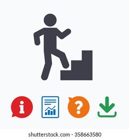 Upstairs icon. Human walking on ladder sign. Information think bubble, question mark, download and report.