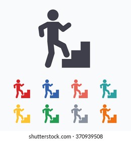 Upstairs icon. Human walking on ladder sign. Colored flat icons on white background.