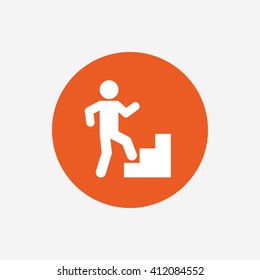Upstairs icon. Human walking on ladder sign. Orange circle button with icon. Vector