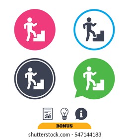 Upstairs icon. Human walking on ladder sign. Report document, information sign and light bulb icons. Vector